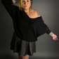 Oversized Dolman Batwing Sleeve Sweater with Drop V-Neck in Black