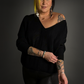 Oversized Dolman Batwing Sleeve Sweater with Drop V-Neck in Black