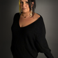 Oversized Dolman Batwing Sleeve Sweater with Drop V-Neck in Black