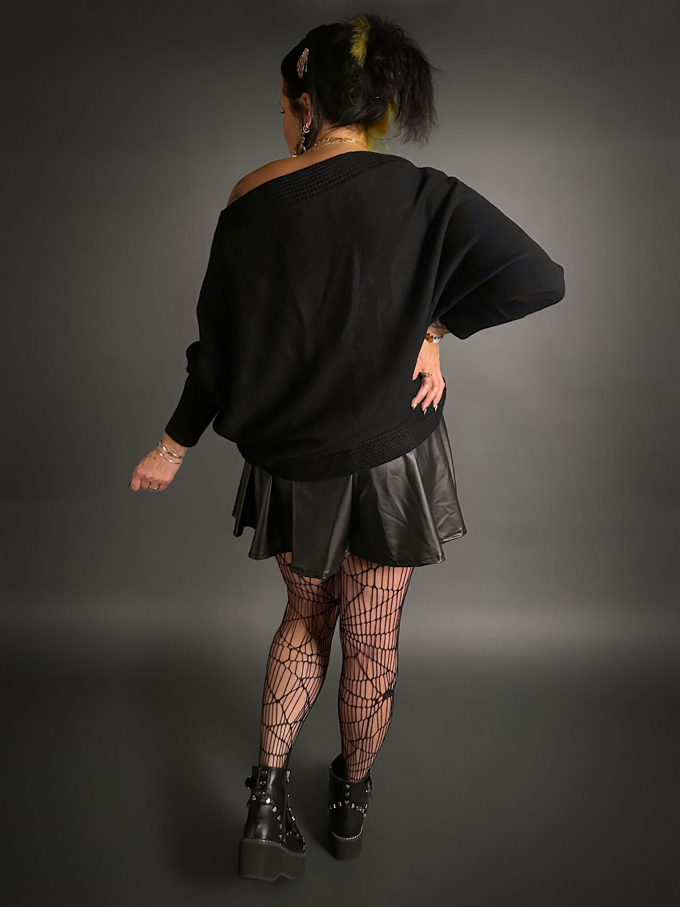 Oversized Dolman Batwing Sleeve Sweater with Drop V-Neck in Black
