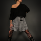 Plaid Mini Skirt with Black Front Straps High Waist Pleated in Black & White