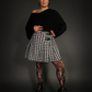 Plaid Mini Skirt with Black Front Straps High Waist Pleated in Black & White