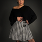 Plaid Mini Skirt with Black Front Straps High Waist Pleated in Black & White