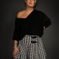 Plaid Mini Skirt with Black Front Straps High Waist Pleated in Black & White