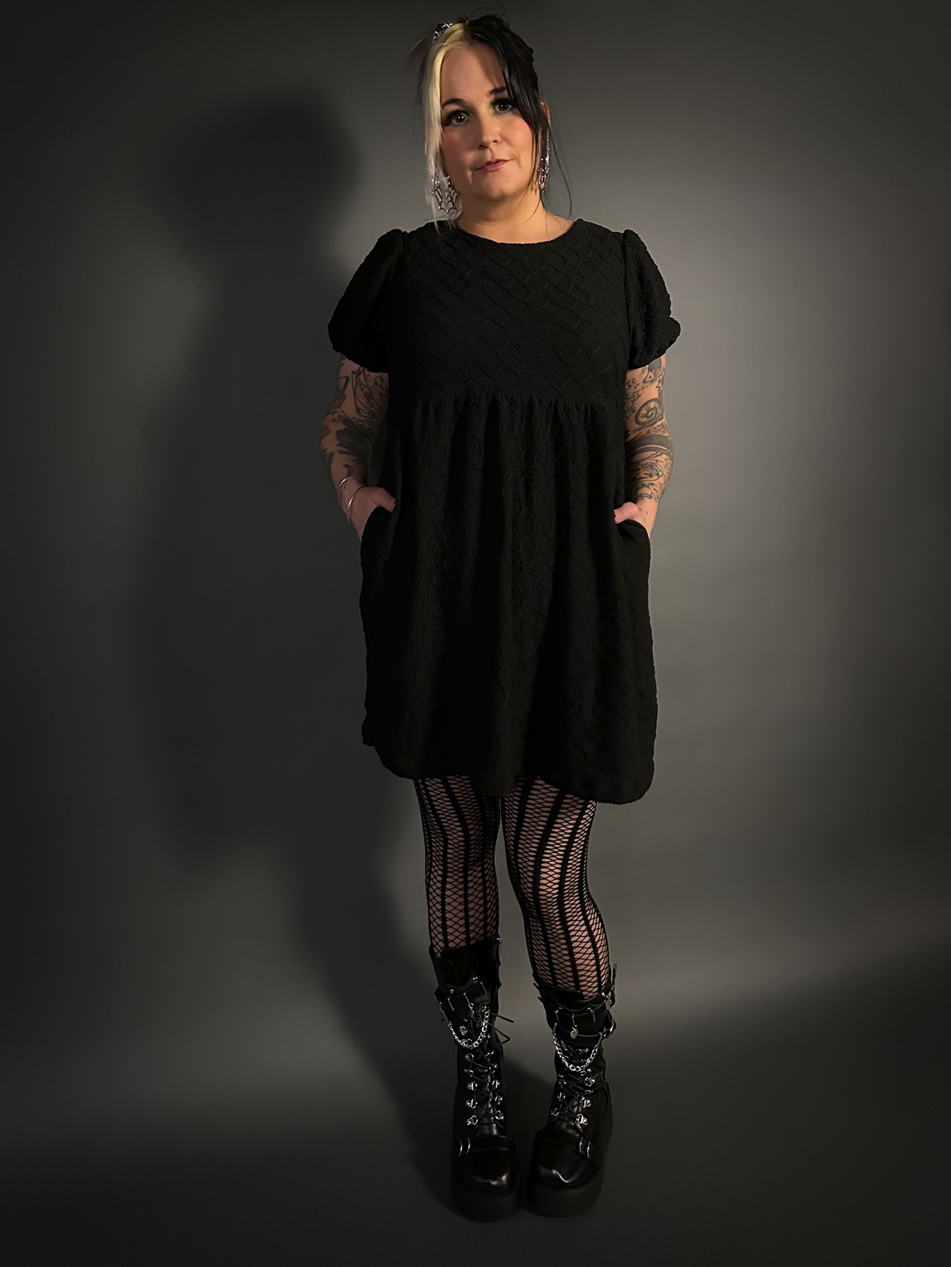 Puff Sleeve Empire Waist Smocked Jacquard Knit Mini Dress with Pockets M (6/8) / Black