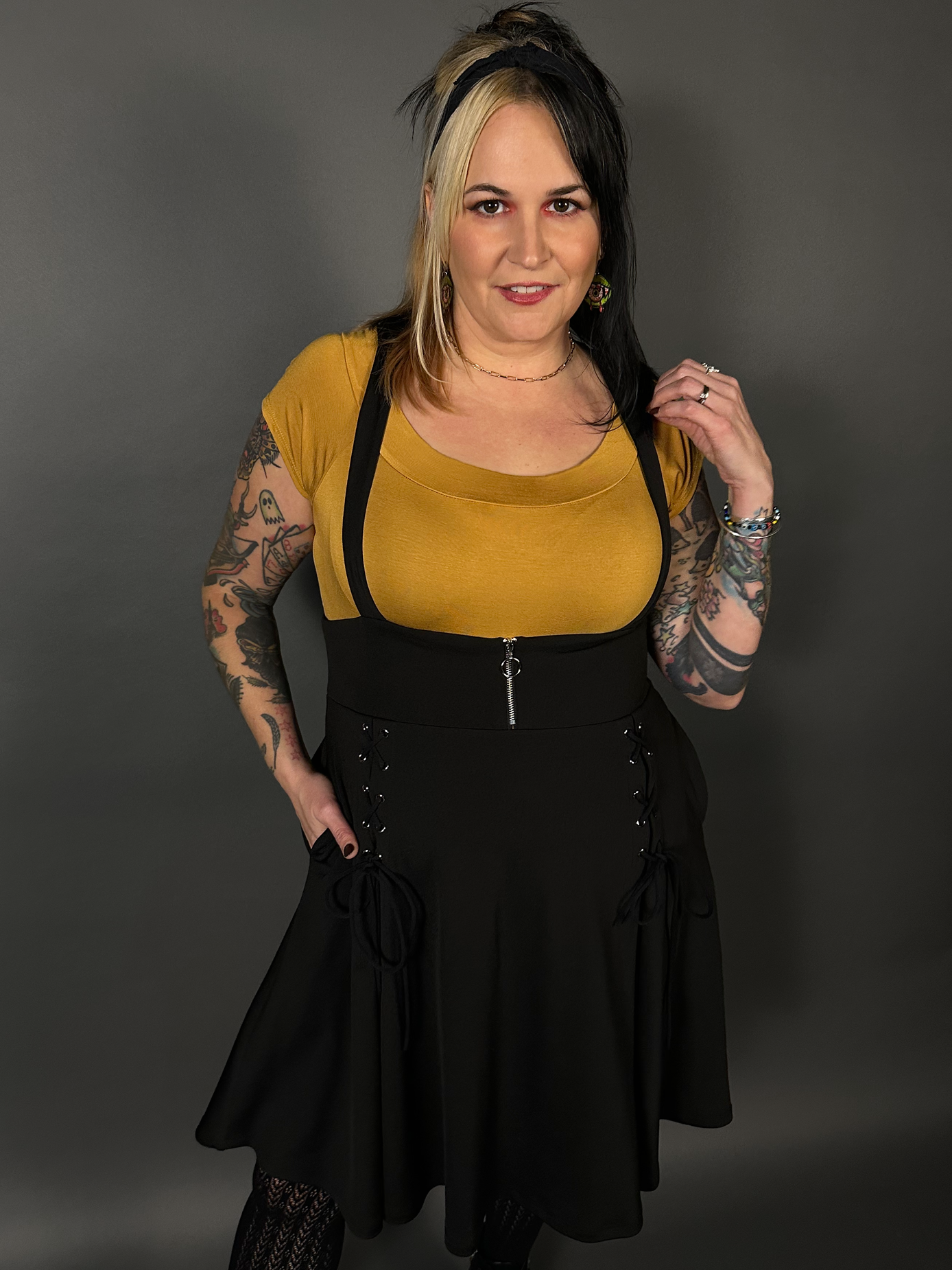 Outfit Set - Tommyrot High Waist Skirt with Shoulder Straps & Mustard Boat Neck Top by Retrolicious