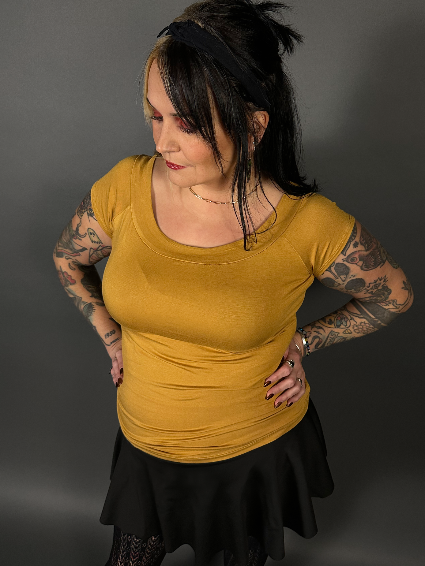 Retro Mustard Boat Neck Stretch Top by Retrolicious