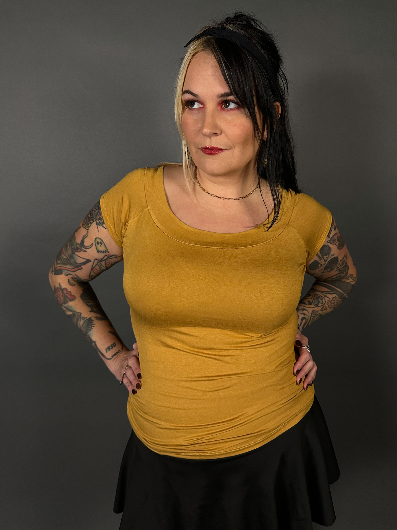 Retro Mustard Boat Neck Stretch Top by Retrolicious