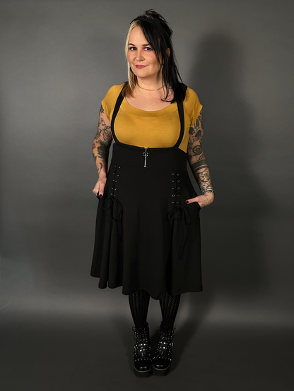 Outfit Set - Tommyrot High Waist Skirt with Shoulder Straps & Mustard Boat Neck Top by Retrolicious