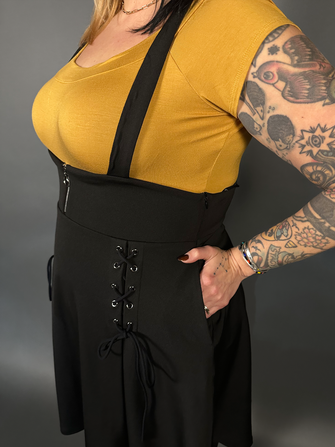 Outfit Set - Tommyrot High Waist Skirt with Shoulder Straps & Mustard Boat Neck Top by Retrolicious