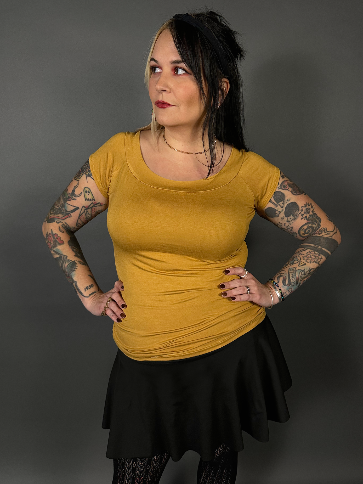 Retro Mustard Boat Neck Stretch Top by Retrolicious