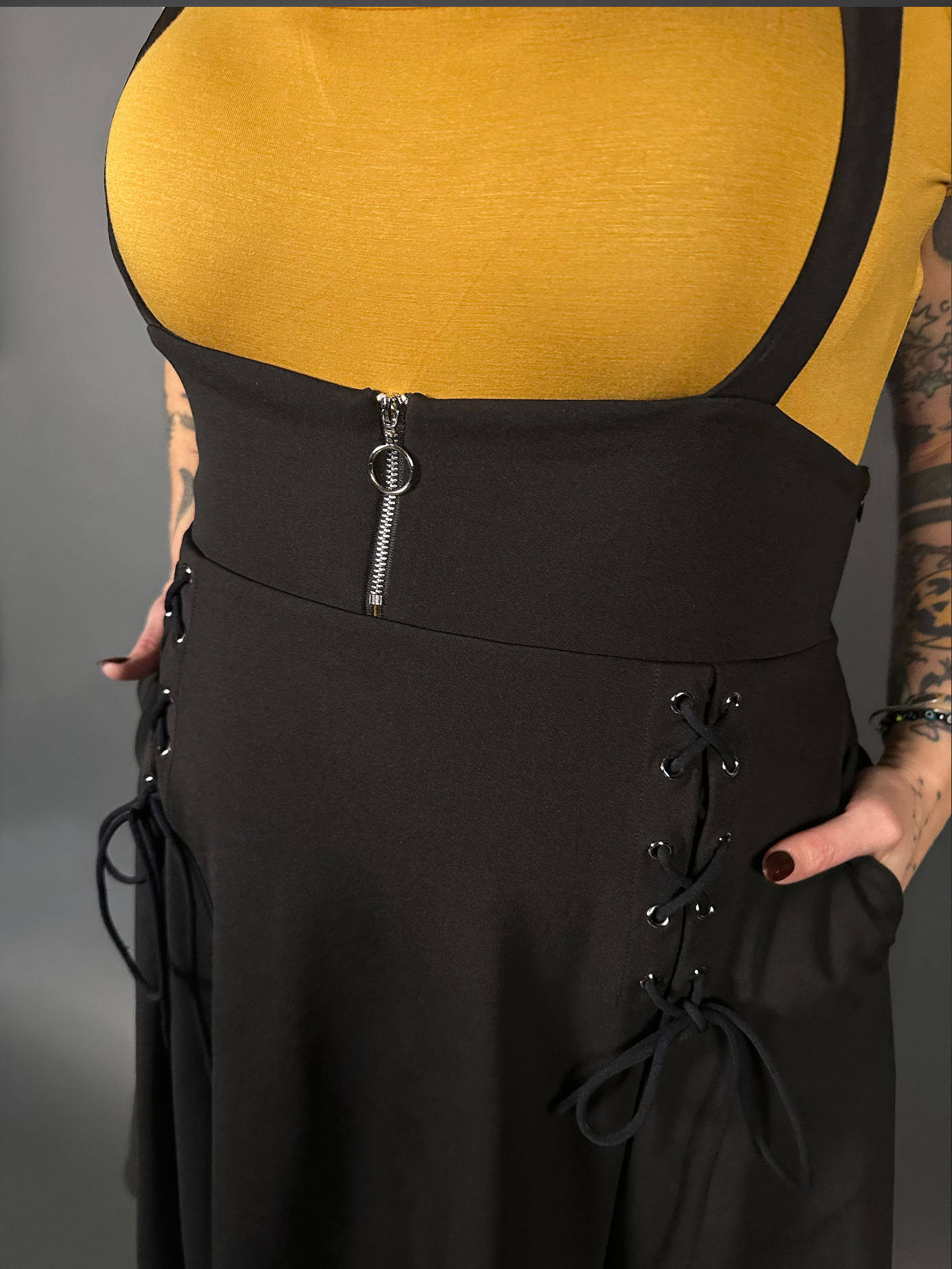 Outfit Set - Tommyrot High Waist Skirt with Shoulder Straps & Mustard Boat Neck Top by Retrolicious