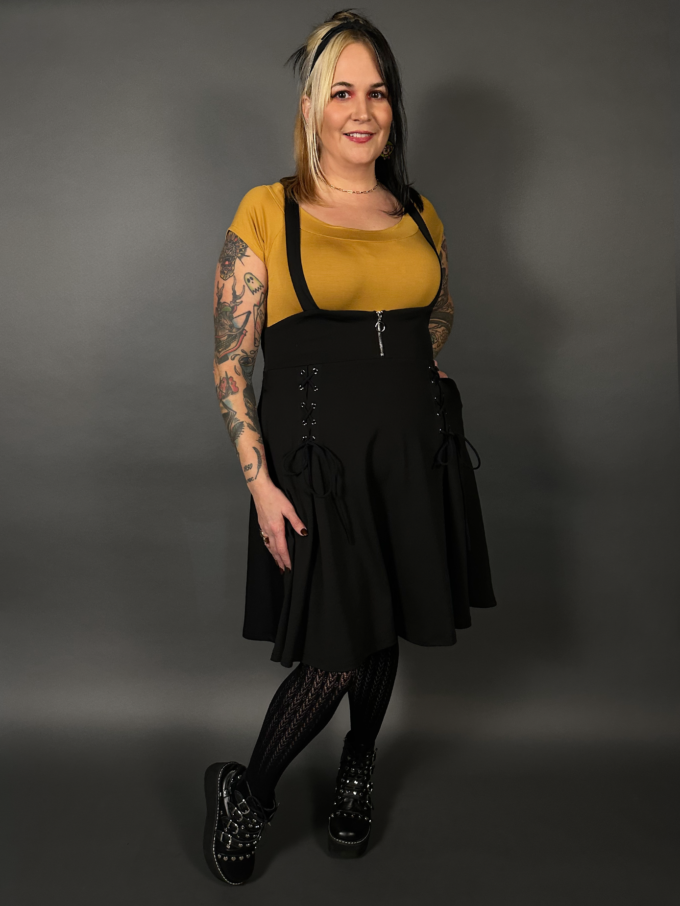 Outfit Set - Tommyrot High Waist Skirt with Shoulder Straps & Mustard Boat Neck Top by Retrolicious