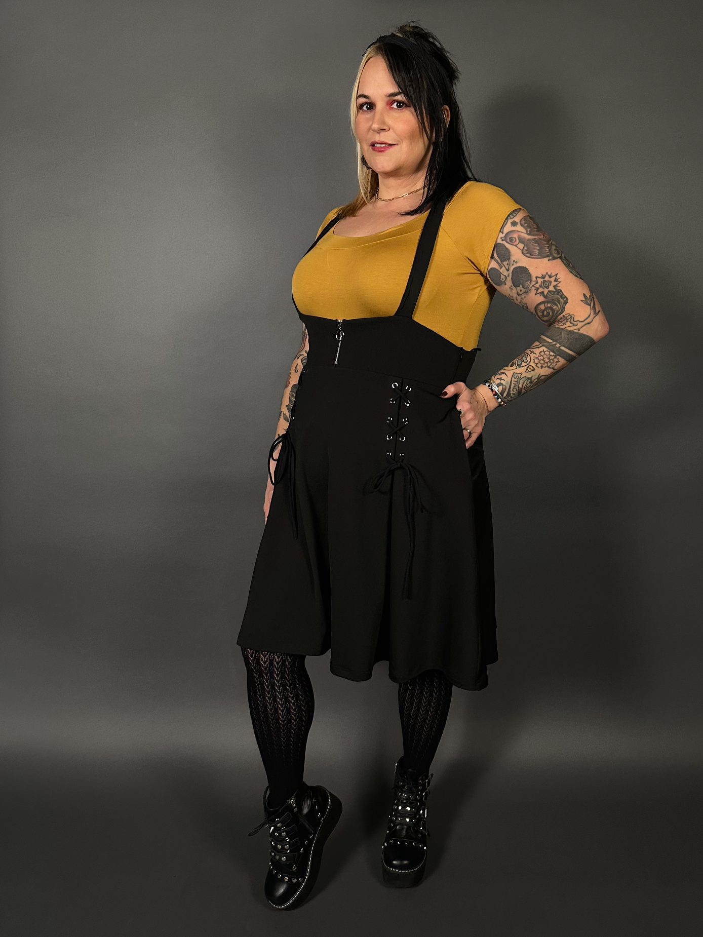 Outfit Set - Tommyrot High Waist Skirt with Shoulder Straps & Mustard Boat Neck Top by Retrolicious