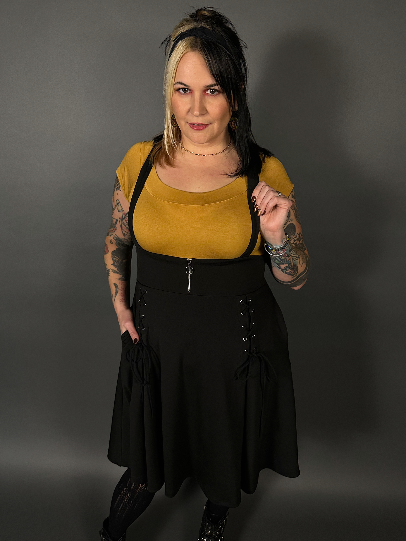 Outfit Set - Tommyrot High Waist Skirt with Shoulder Straps & Mustard Boat Neck Top by Retrolicious