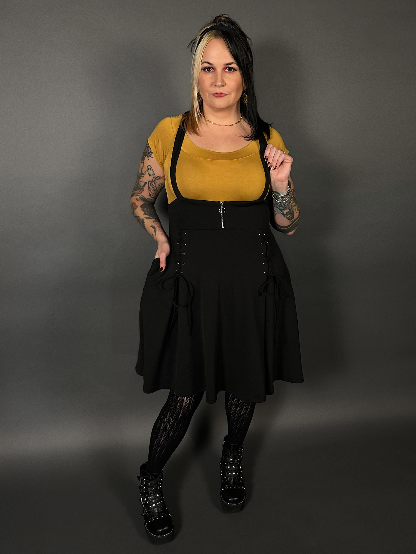 Outfit Set - Tommyrot High Waist Skirt with Shoulder Straps & Mustard Boat Neck Top by Retrolicious