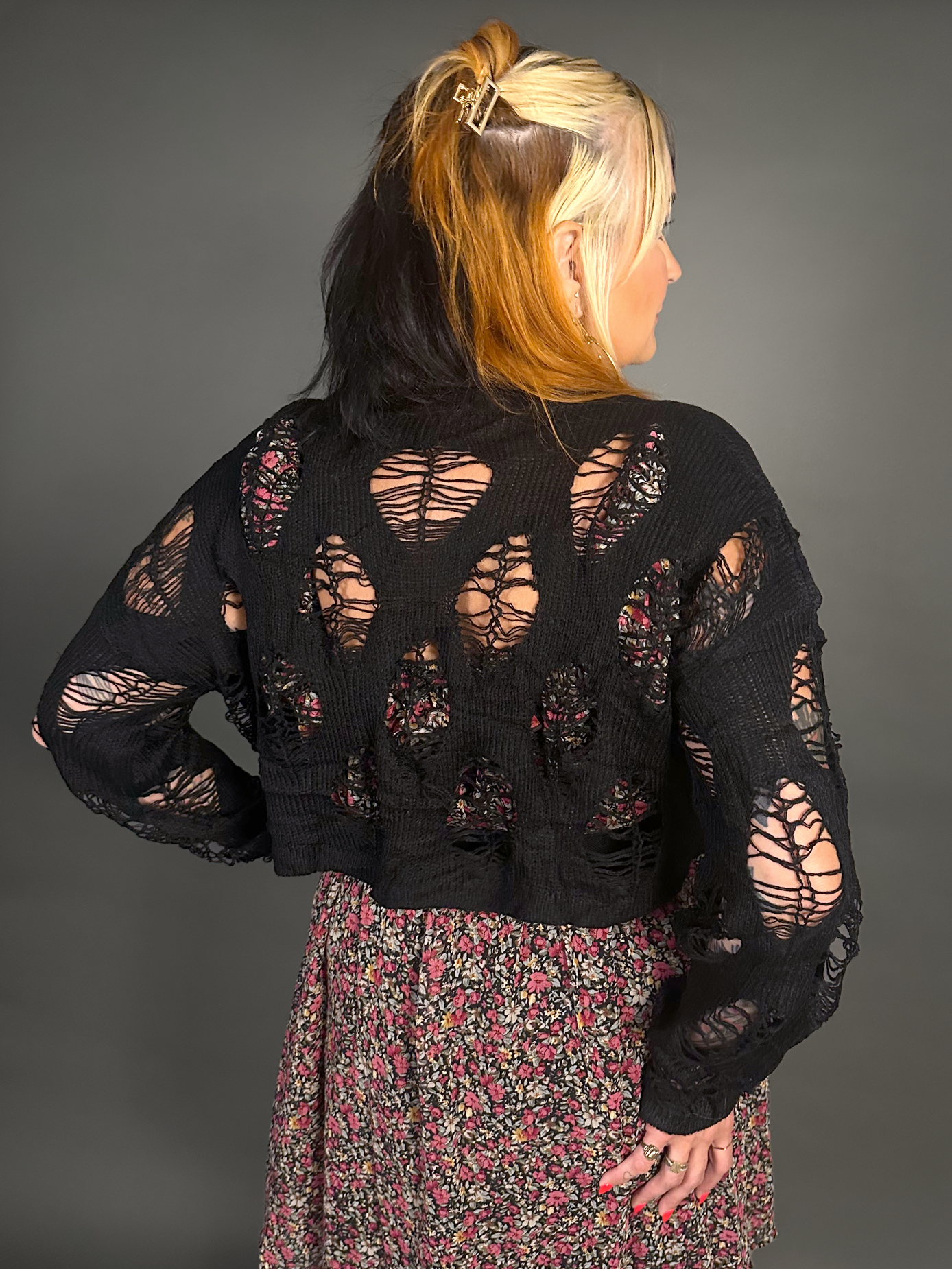 Ripped Lightweight Crop Sweater in Black