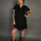 Ruffled Flare Hem Button Collar Babydoll Dress with Pockets in Black