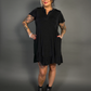 Ruffled Flare Hem Button Collar Babydoll Dress with Pockets in Black