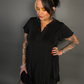 Ruffled Flare Hem Button Collar Babydoll Dress with Pockets in Black