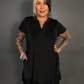 Ruffled Flare Hem Button Collar Babydoll Dress with Pockets in Black