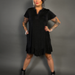 Ruffled Flare Hem Button Collar Babydoll Dress with Pockets in Black
