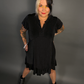 Ruffled Flare Hem Button Collar Babydoll Dress with Pockets in Black