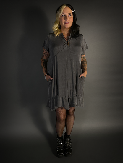 Ruffled Flare Hem Button Collar Babydoll Dress with Pockets in Charcoal Gray