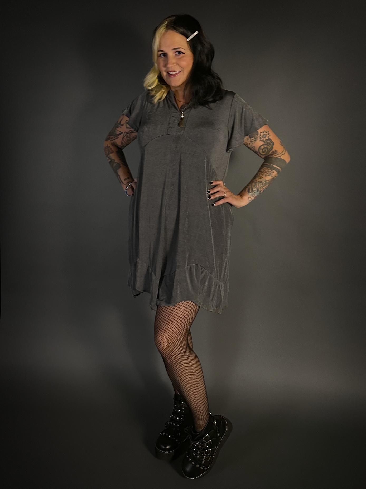 Ruffled Flare Hem Button Collar Babydoll Dress with Pockets in Charcoal Gray