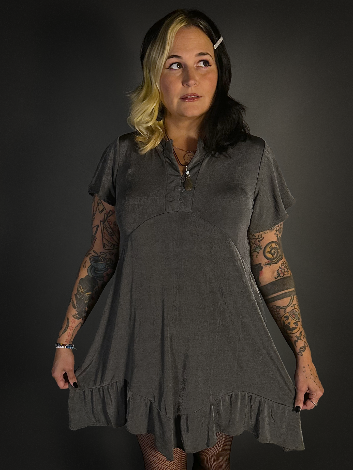 Ruffled Flair Hem Button Collar Babydoll Dress with Pockets in Charcoal Gray