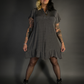 Ruffled Flare Hem Button Collar Babydoll Dress with Pockets in Charcoal Gray