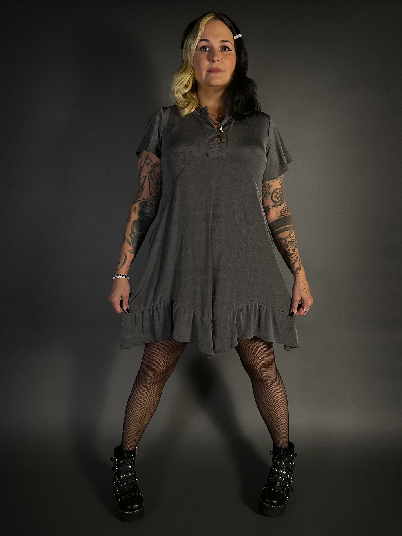 Ruffled Flare Hem Button Collar Babydoll Dress with Pockets in Charcoal Gray