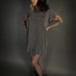 Ruffled Flare Hem Button Collar Babydoll Dress with Pockets in Charcoal Gray