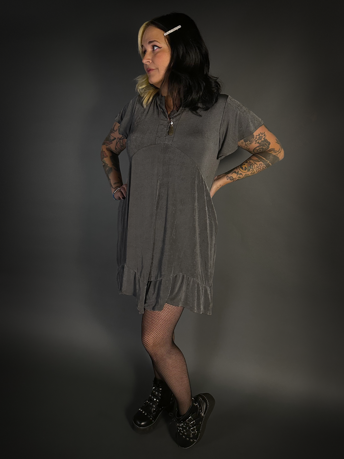 Ruffled Flare Hem Button Collar Babydoll Dress with Pockets in Charcoal Gray