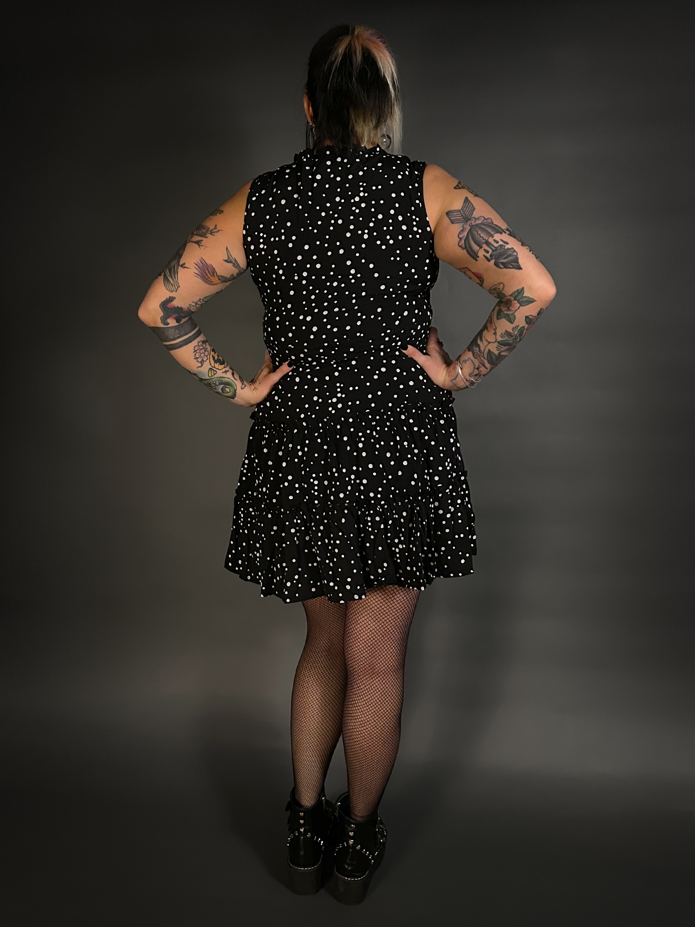 Sleeveless Abstract Polka Dot Ruffled Bottom Tie Neck Dress