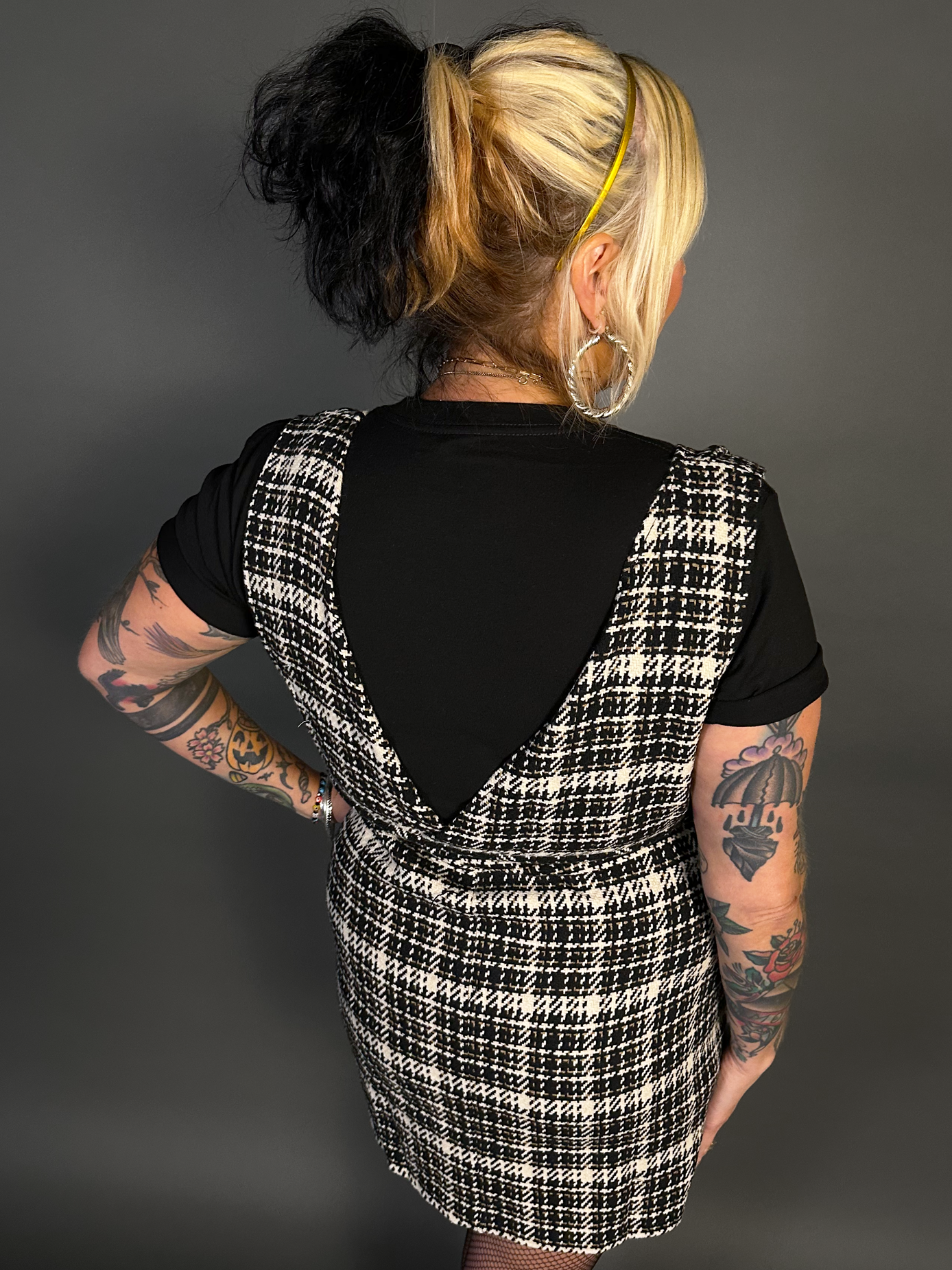 Sleeveless Tweed Low V-Neck Plaid Overall Mini Dress in Black/White