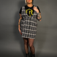Sleeveless Tweed Low V-Neck Plaid Overall Mini Dress in Black/White