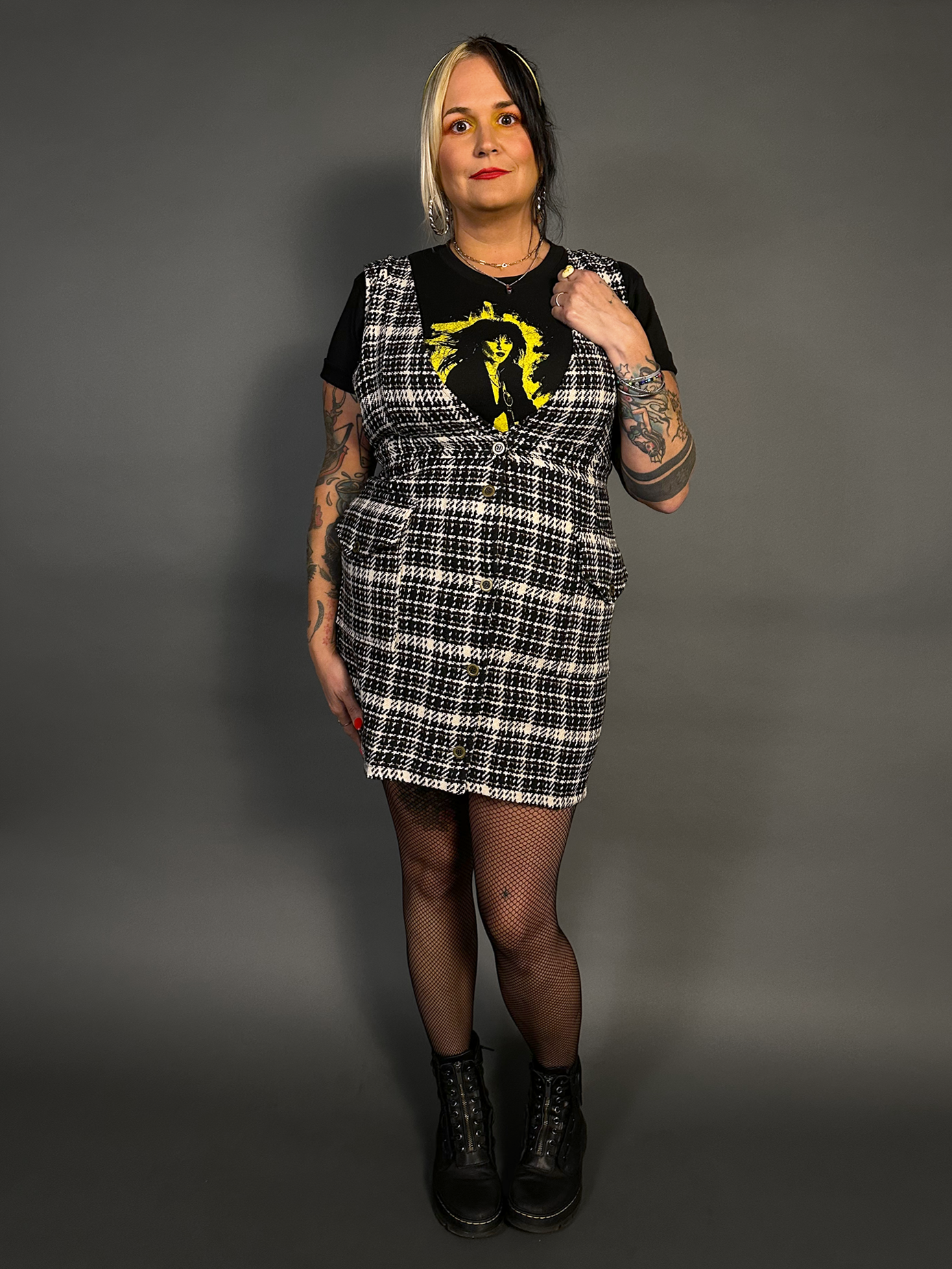 Sleeveless Tweed Low V-Neck Plaid Overall Mini Dress in Black/White