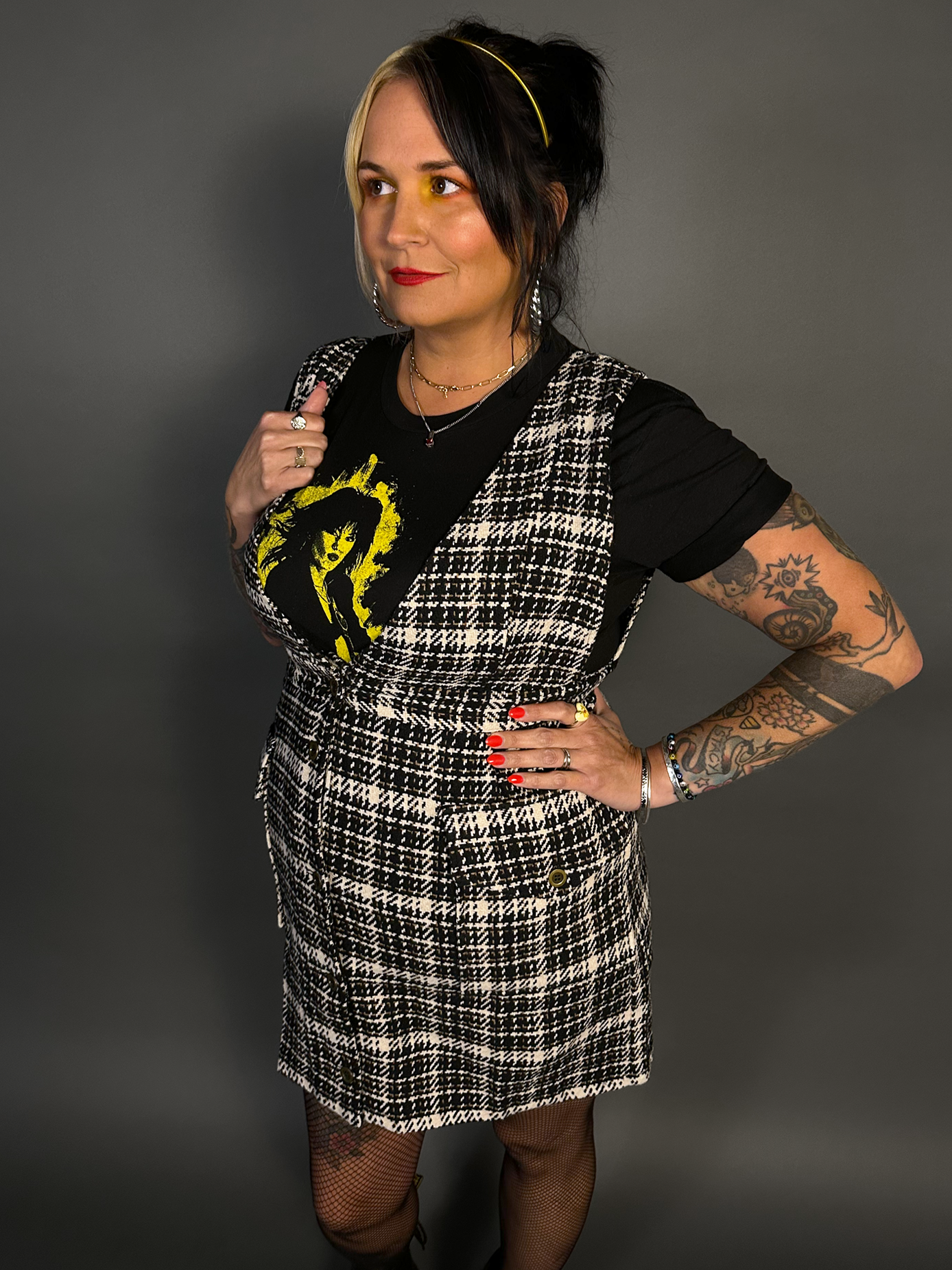 Sleeveless Tweed Low V-Neck Plaid Overall Mini Dress in Black/White