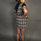Sleeveless Tweed Low V-Neck Plaid Overall Mini Dress in Black/White