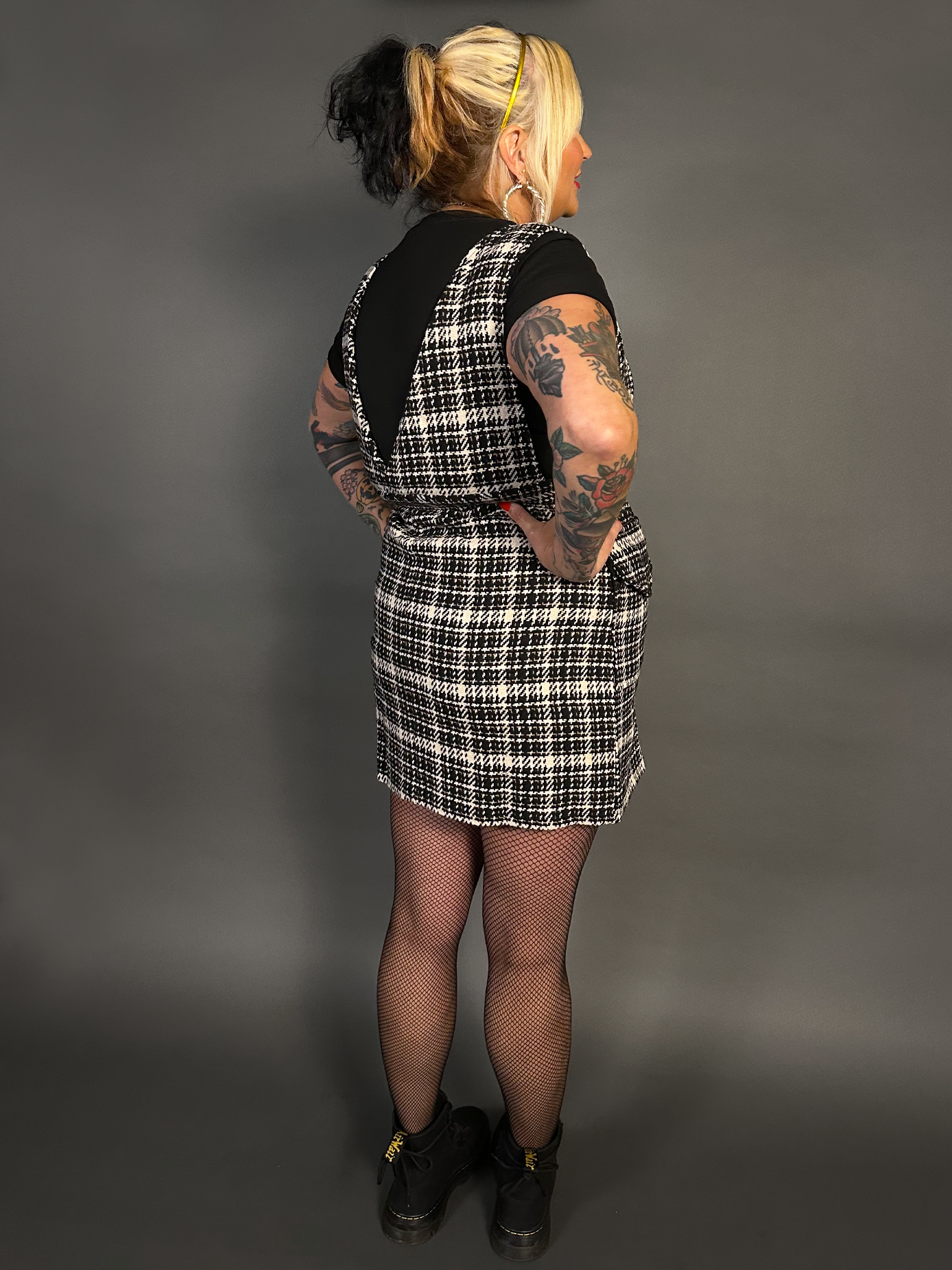 Sleeveless Tweed Low V-Neck Plaid Overall Mini Dress in Black/White