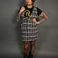 Sleeveless Tweed Low V-Neck Plaid Overall Mini Dress in Black/White