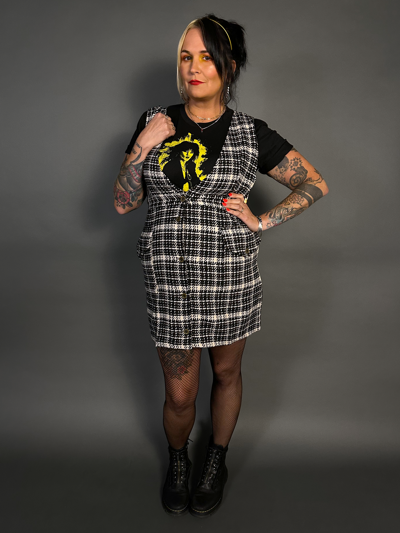 Sleeveless Tweed Low V-Neck Plaid Overall Mini Dress in Black/White