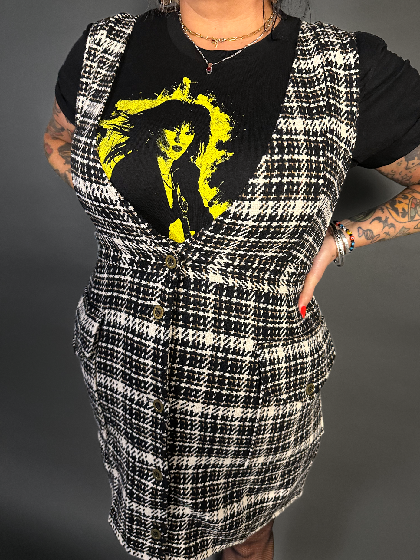 Sleeveless Tweed Low V-Neck Plaid Overall Mini Dress in Black/White