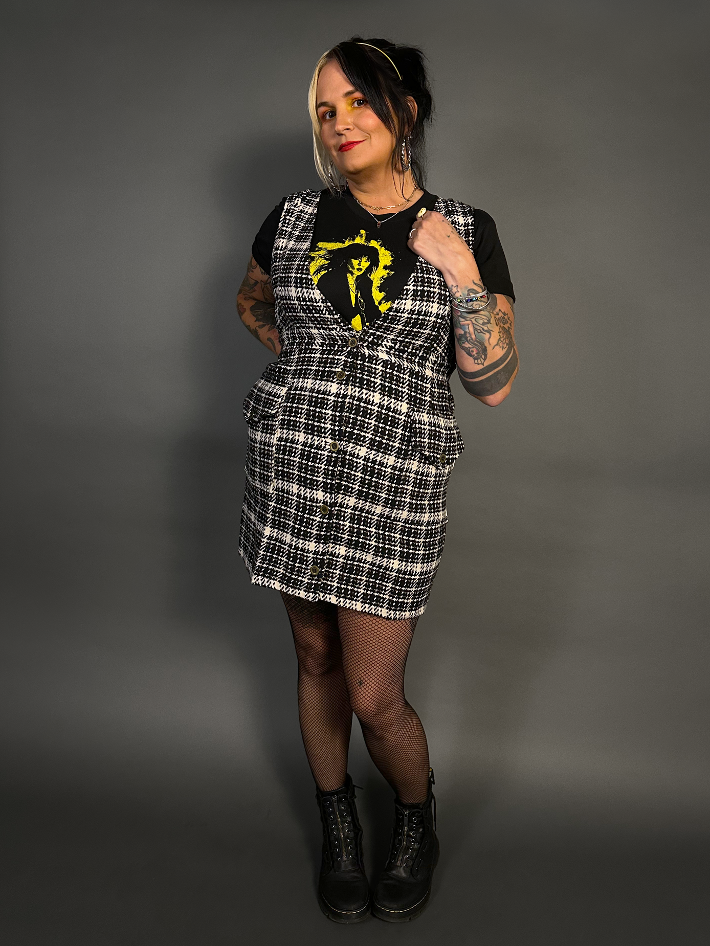 Sleeveless Tweed Low V-Neck Plaid Overall Mini Dress in Black/White