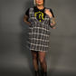Sleeveless Tweed Low V-Neck Plaid Overall Mini Dress in Black/White