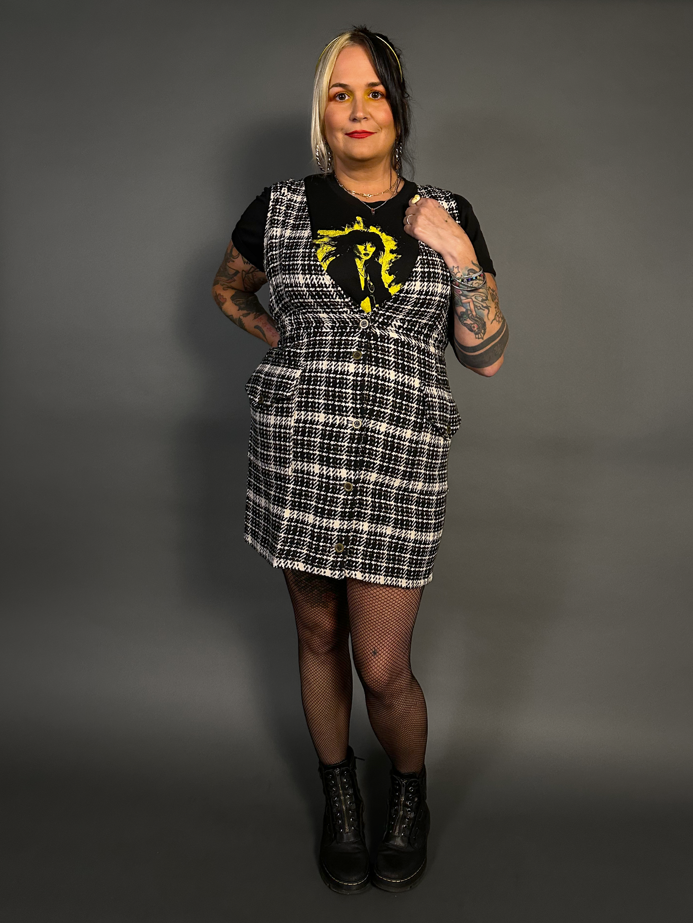 Sleeveless Tweed Low V-Neck Plaid Overall Mini Dress in Black/White