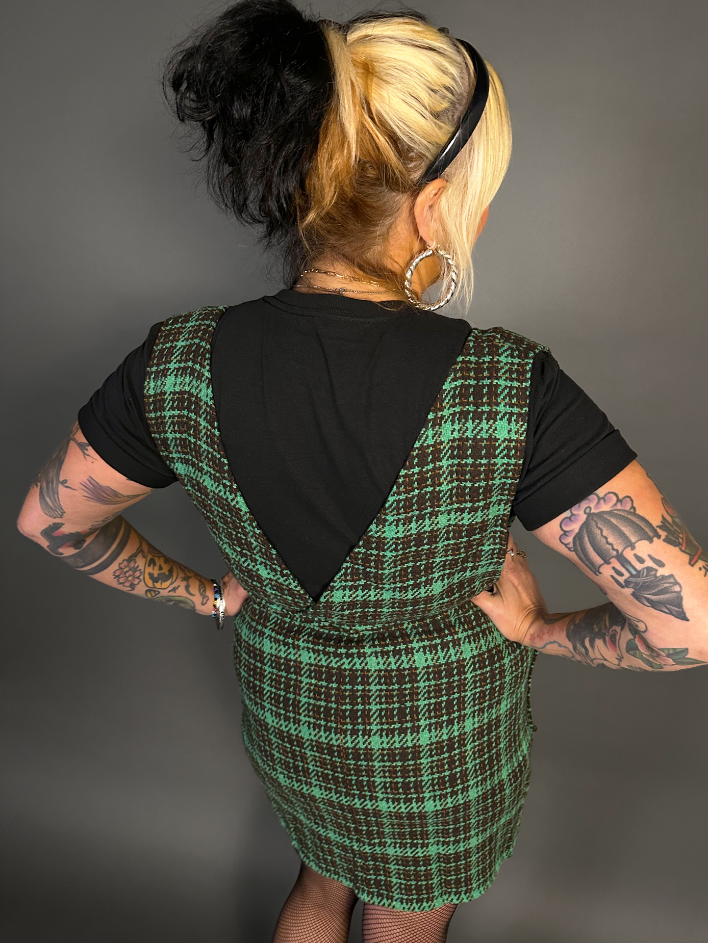 Sleeveless Tweed Low V-Neck Plaid Overall Mini Dress in Green