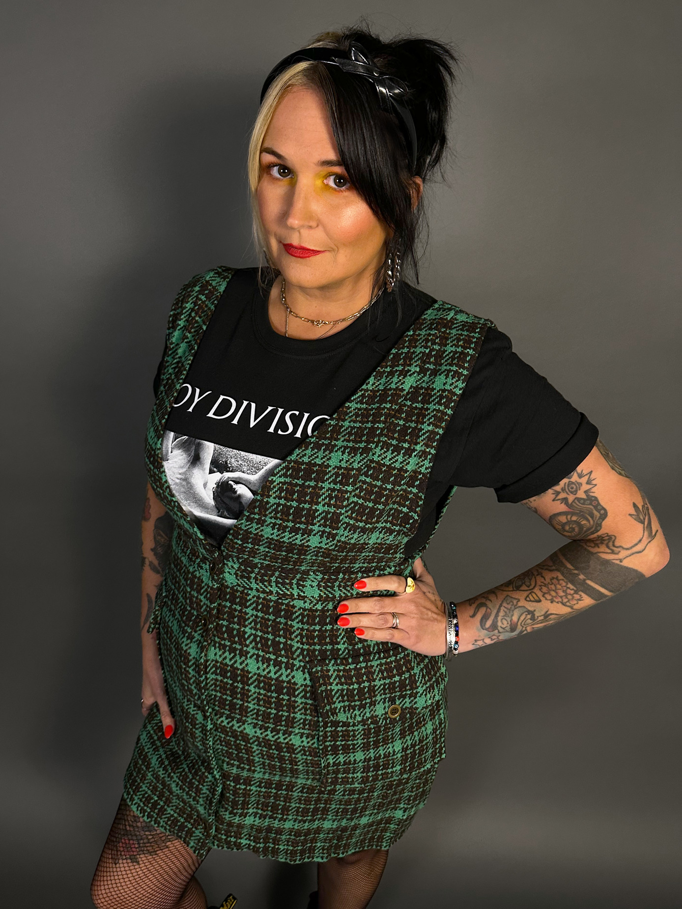 Sleeveless Tweed Low V-Neck Plaid Overall Mini Dress in Green