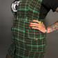 Sleeveless Tweed Low V-Neck Plaid Overall Mini Dress in Green